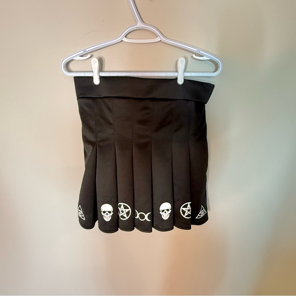 BODY RAGE Black Pleated Mini Skirt Occult Mystic Goth Skulls Festival Sz Large - Picture 10 of 12